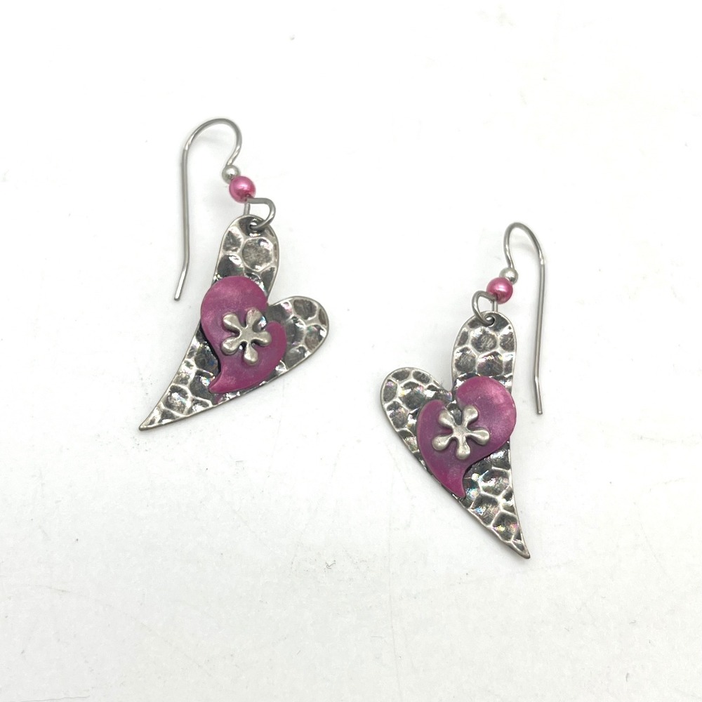 Artisan Hammered Metal Heart Drop Earrings Purple‎ Silver Tone Boho Dangle